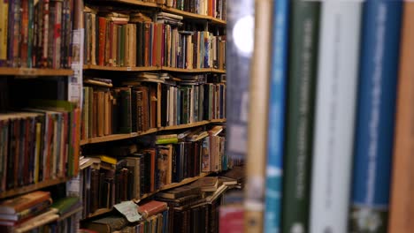 Shelves-full-of-books,-bookshelves-in-a-library,-bookstore-or-home-office