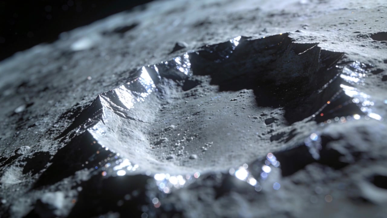 Panning camera revealing impact crater on lunar surface to show rim, ejecta and highlights