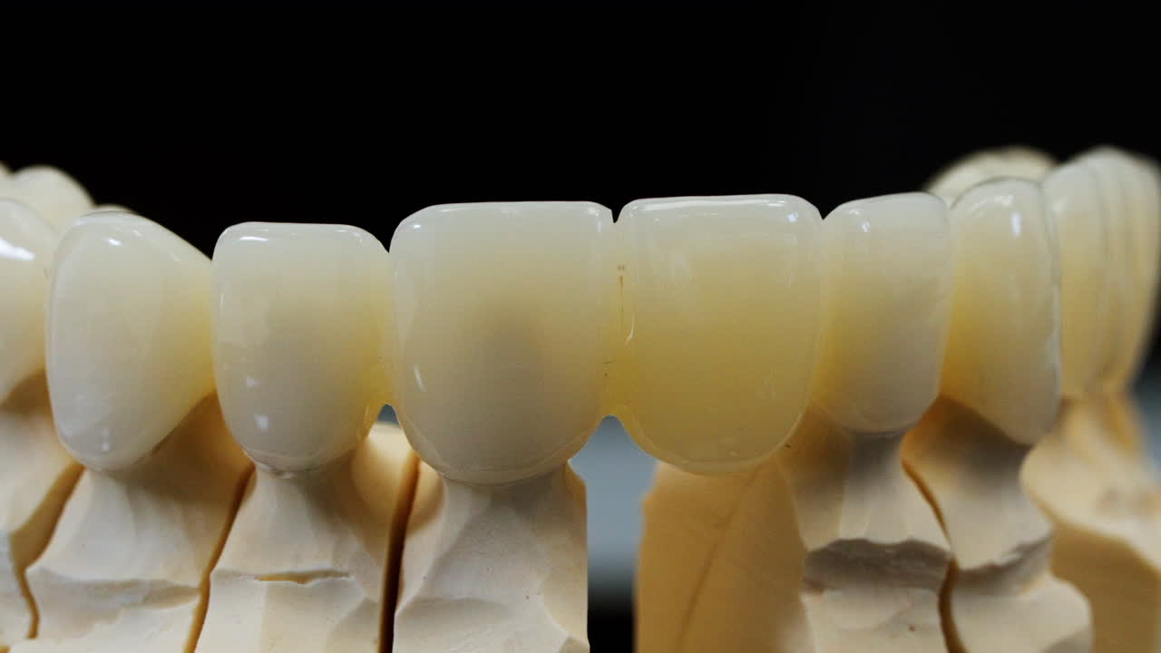 Macro close up of ceramic dental crowns on jaw model. Aesthetic smile design, cosmetic dentistry and modern dental restoration concept
