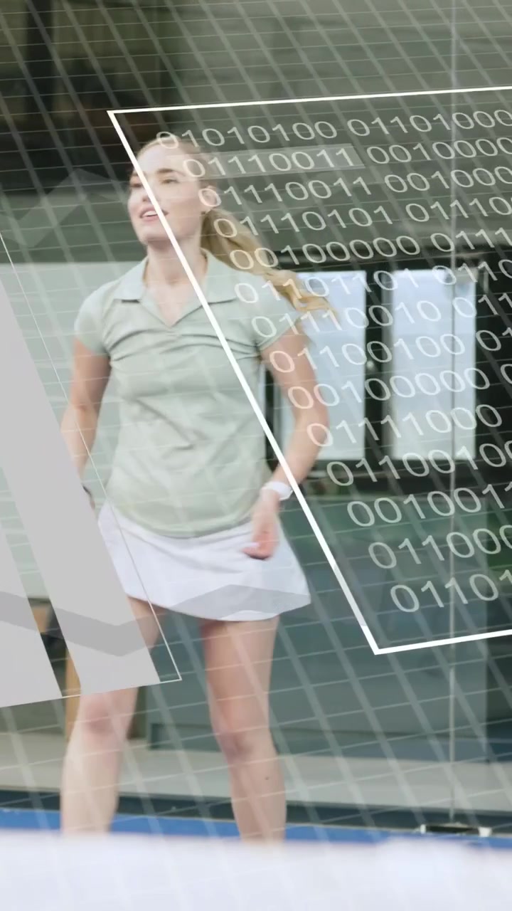 Vertical video: Woman walking on court overlaying sports charts while swinging paddle for analysis