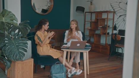 two women in a cafe having a conversation