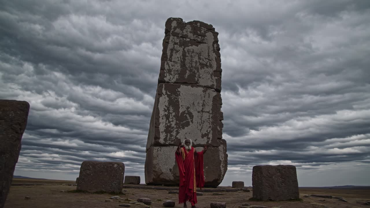 Individual in vibrant red attire stands before a towering stone monolith surrounded by ancient rocks, capturing a moment of connection with nature and history in a dramatic landscape