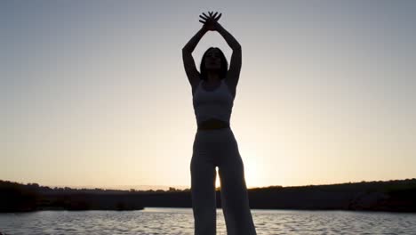 a graceful silhouette dancing at sunset by the water, capturing the beauty of movement and nature in perfect harmony, celebrating freedom and expression