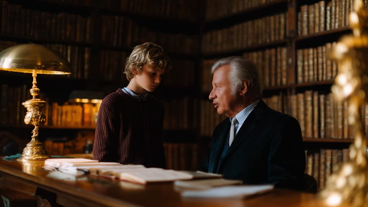 Boy and man in a library