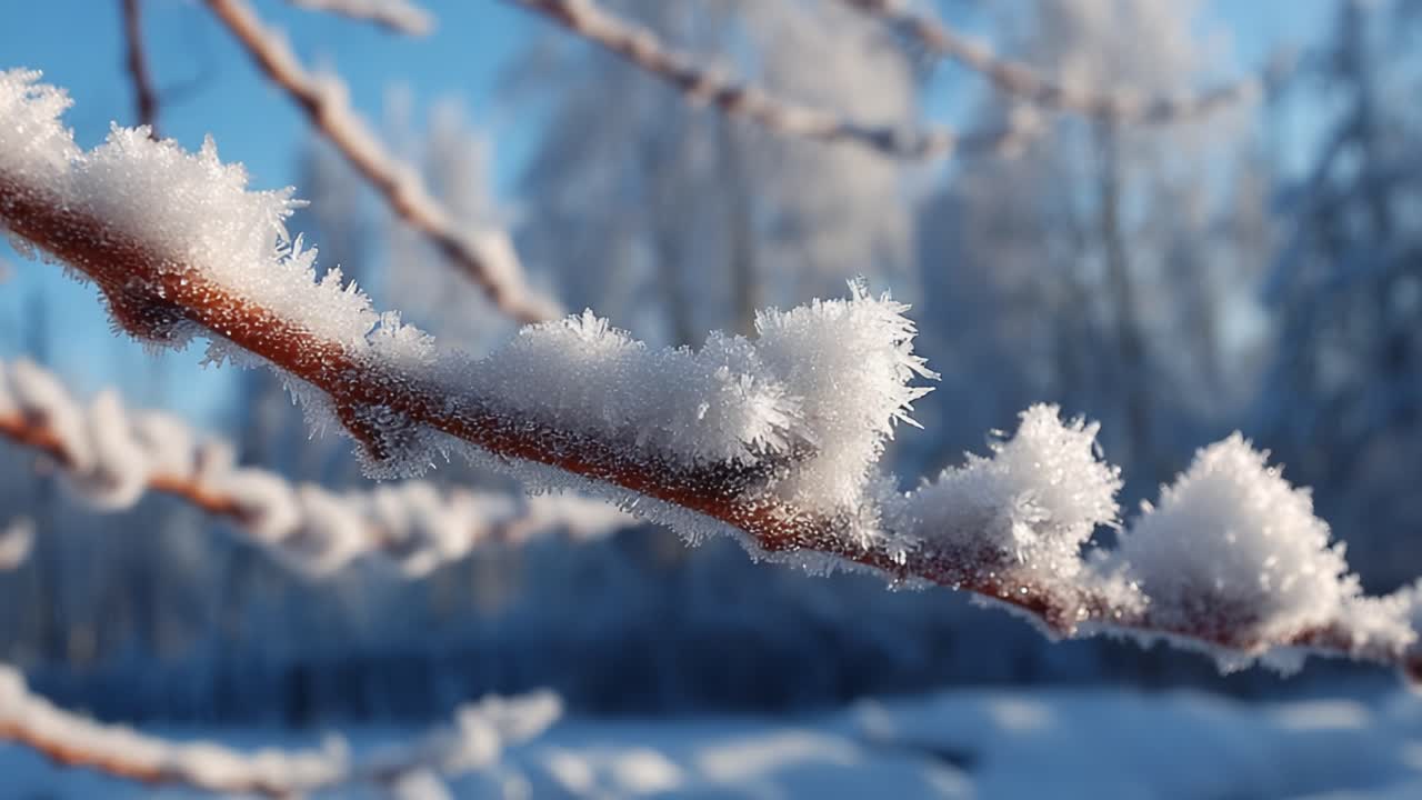 A close-up view of a frost-covered branch glistening under the winter sun, showcasing intricate ice crystals amidst a tranquil snowy landscape