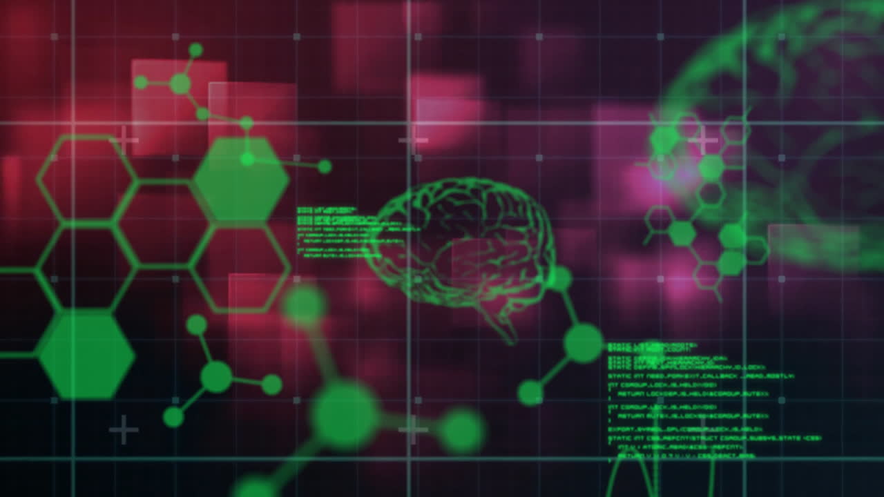 animación de cerebros humanos y procesamiento de datos científicos en cuadrícula y cuadrados rosados