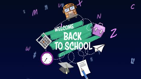 학교에 다시 오신 것을 환영하는 텍스트, 학교 아이템 아이콘, 파란색 배경의 숫자 및 문자의 애니메이션