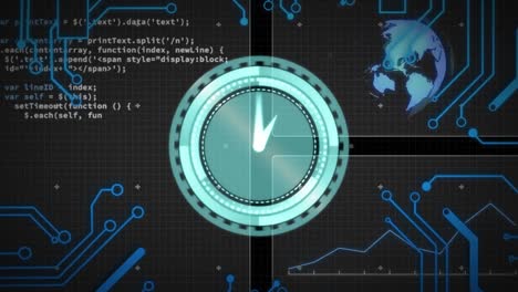 animation of data processing with scope scanning with clock on black background