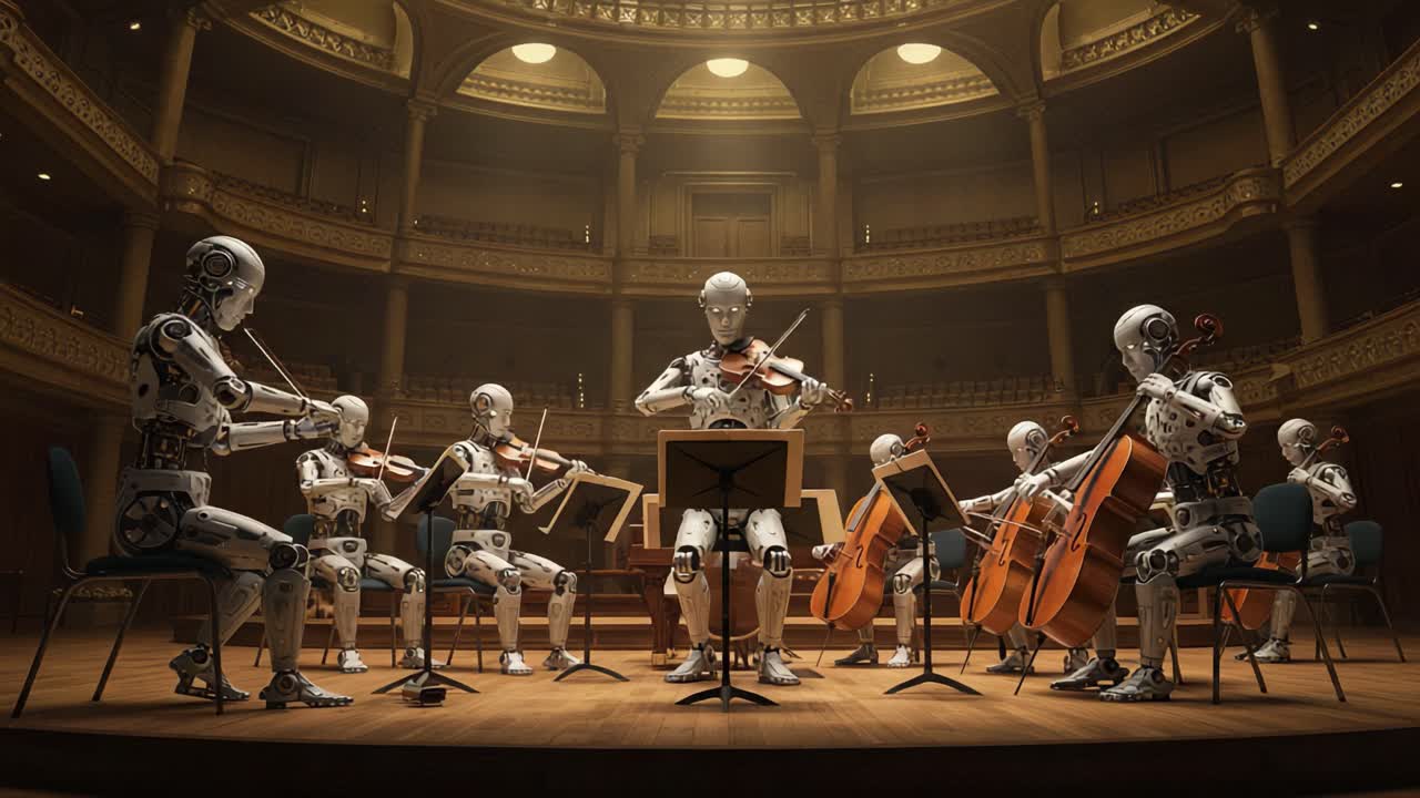 A Harmonious Ensemble of Robots Performing Classical Music in an Elegant Concert Hall, Blending Technology and Artistry in Perfect Synchrony