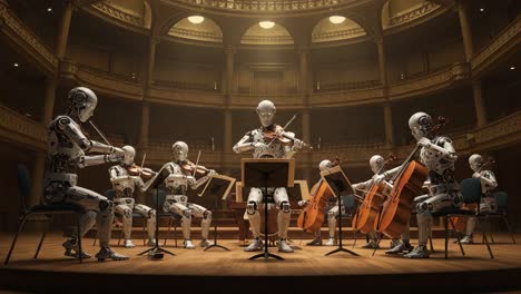 a harmonious ensemble of robots performing classical music in an elegant concert hall, blending technology and artistry in perfect synchrony
