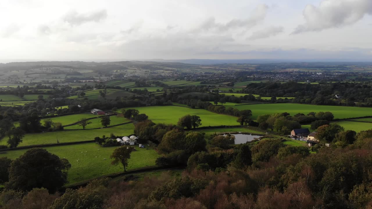 Ripresa aerea in avanti a bassa quota sopra gli alberi con vista sulla valle del fiume Otter nell'East Devon, Inghilterra.