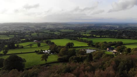 tiro bajo aéreo hacia adelante sobre los árboles con la vista del valle de la nutria del río en el este de devon, inglaterra