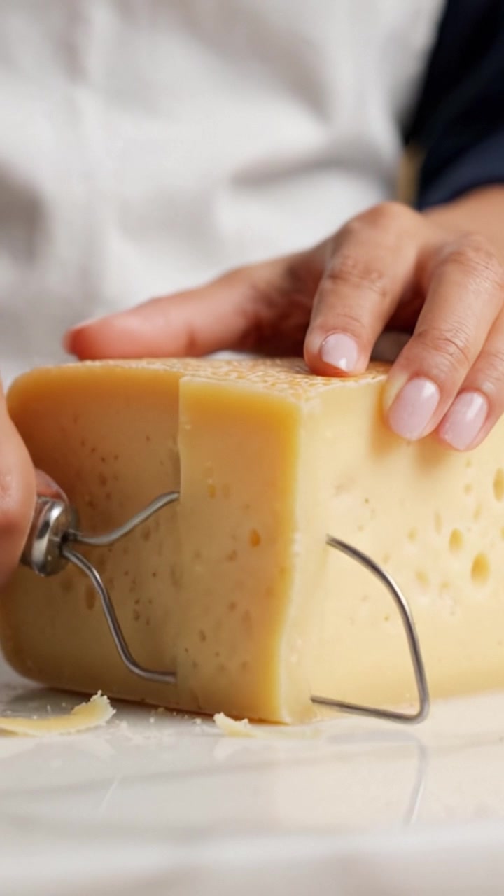 Una delizia culinaria: Preparazione e presentazione di un blocco di formaggio da tenere in mano con dettagli di texture e colore che evidenziano tecniche di cucina gourmet.