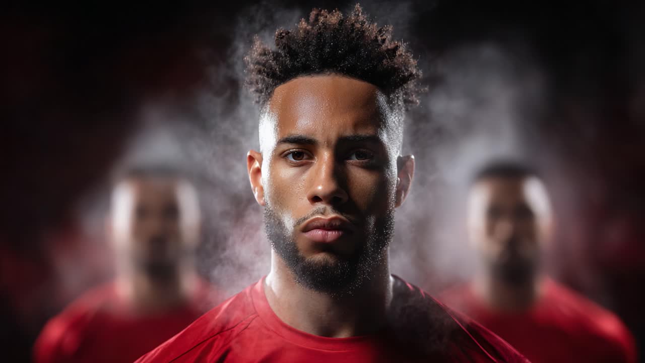 A Determined Athlete Stands in the Foreground, Surrounded by Teammates Shrouded in Mist, Capturing the Essence of Focus and Team Spirit in Sports Photography