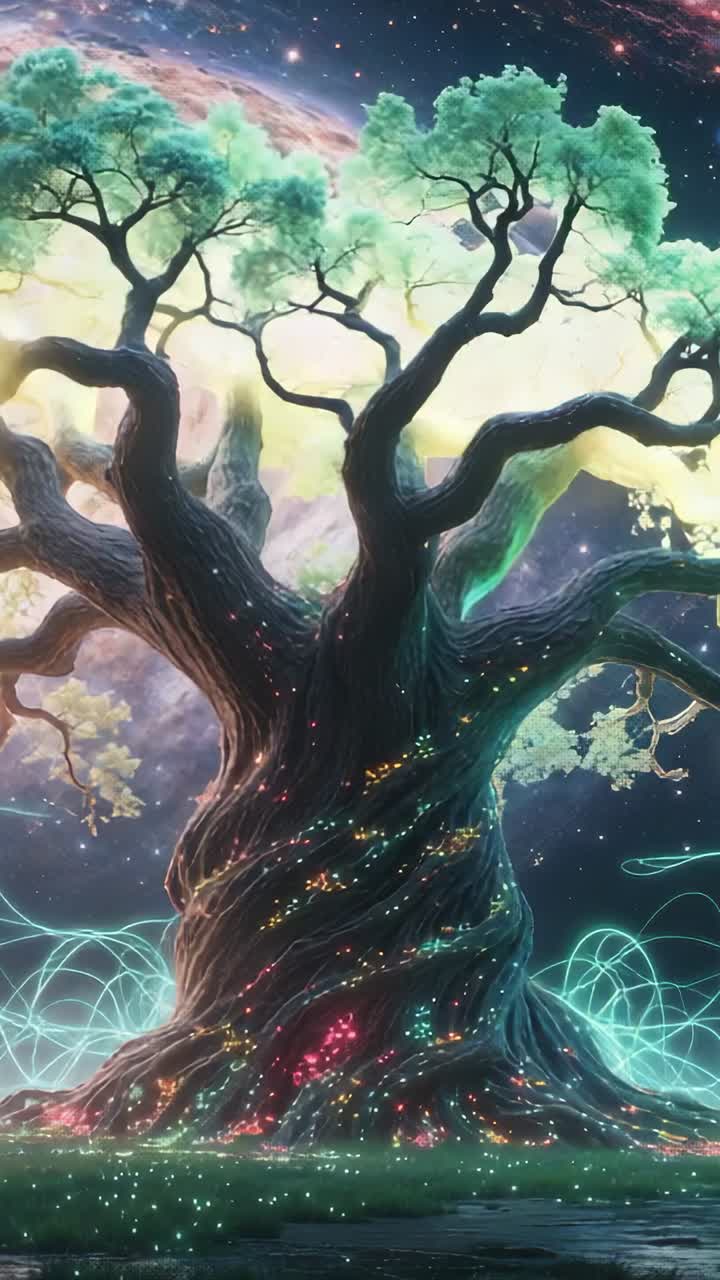 Vertical video: Sparkles lighting up cosmic tree at shore, energy spiraling forming beacon
