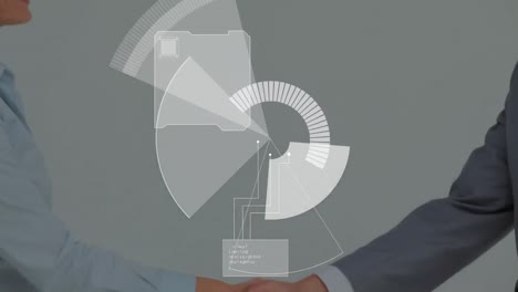 escáner redondo y procesamiento de datos sobre hombre de negocios caucásico y mujer de negocios estrechando la mano