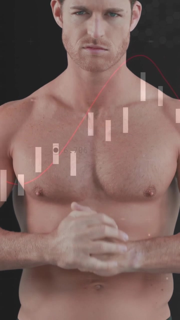 Vertikal video: Mandlig fitnessmodel knuger hænder, kamera trækker sig tilbage, bjælker viser brystmål