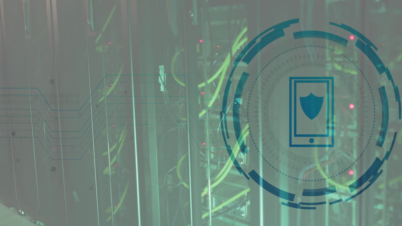 방패의 애니메이션과 컴퓨터 서버를 통해 디지털 데이터 처리