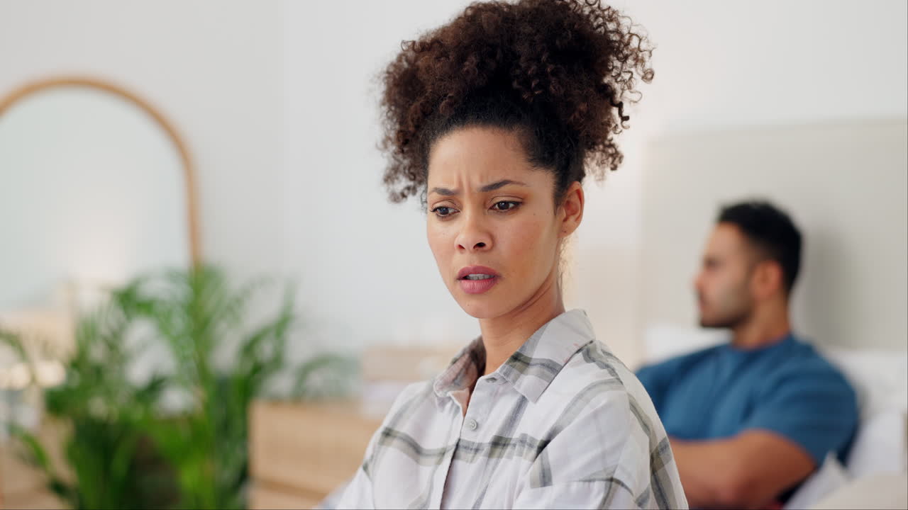 Woman, conflict and fight of couple in bedroom