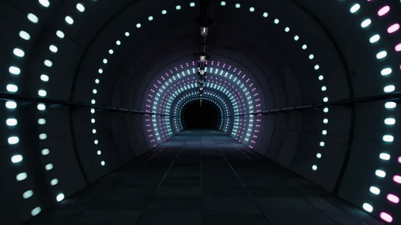 Moving camera into lit circular tunnel, LED arrays shifting color and brightness, showing depth