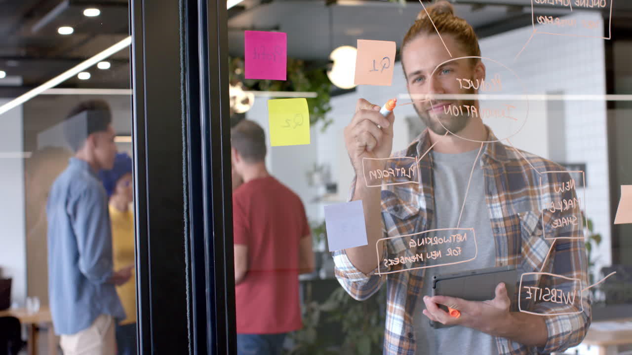 joven caucásico haciendo una lluvia de ideas en un negocio casual, oficina moderna, con espacio de copia