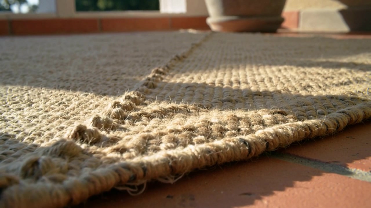 Telecamera a bassa angolazione che avanza, focalizzandosi su piastrelle in terracotta e rivelando la cucitura di un tappeto intrecciato e un vaso di argilla.