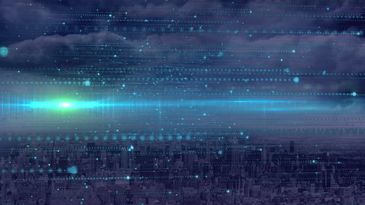Animation of data processing, cityscape and connections