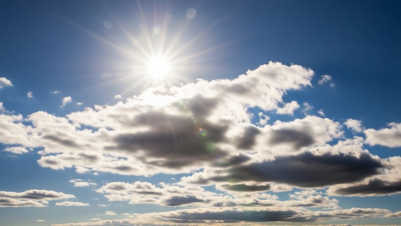 Bright Sun and Clouds in a Blue Sky