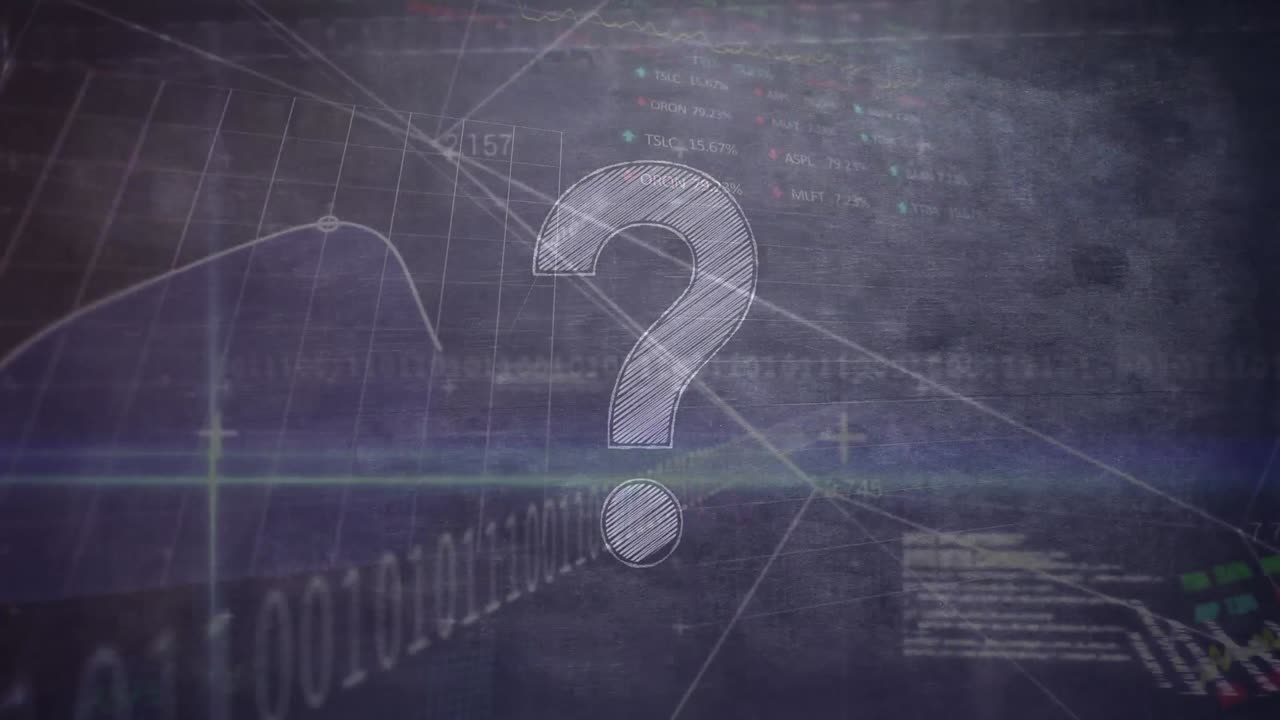 animación de la interfaz de datos digital y el signo de interrogación sobre un fondo oscuro