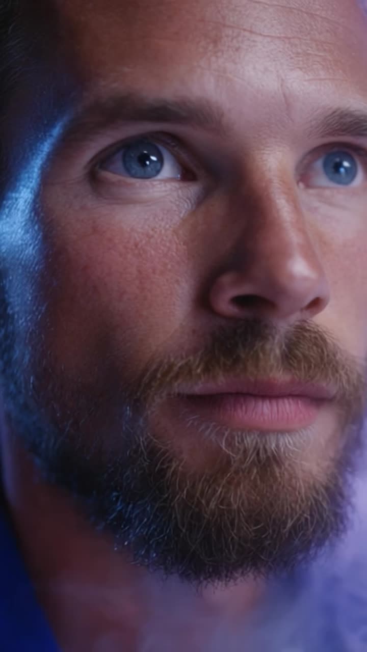 Intense Close-Up of a Man's Face Capturing Emotion and Depth with Striking Blue Eyes and a Well-Groomed Beard, Set Against a Softly Lit Background
