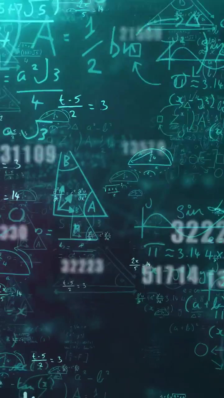 Video verticale: La telecamera si allontana, diagrammi che brillano e fluttuano, numeri che scorrono mostrando la matematica.
