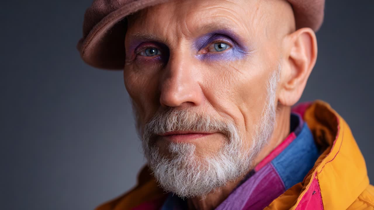 Un sorprendente primo piano di un uomo anziano con trucco vivace, che mette in mostra colori e texture audaci, evidenziando creatività ed espressione artistica