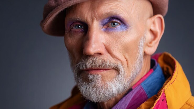 Un sorprendente primo piano di un uomo anziano con trucco vivace, che mette in mostra colori e texture audaci, evidenziando creatività ed espressione artistica