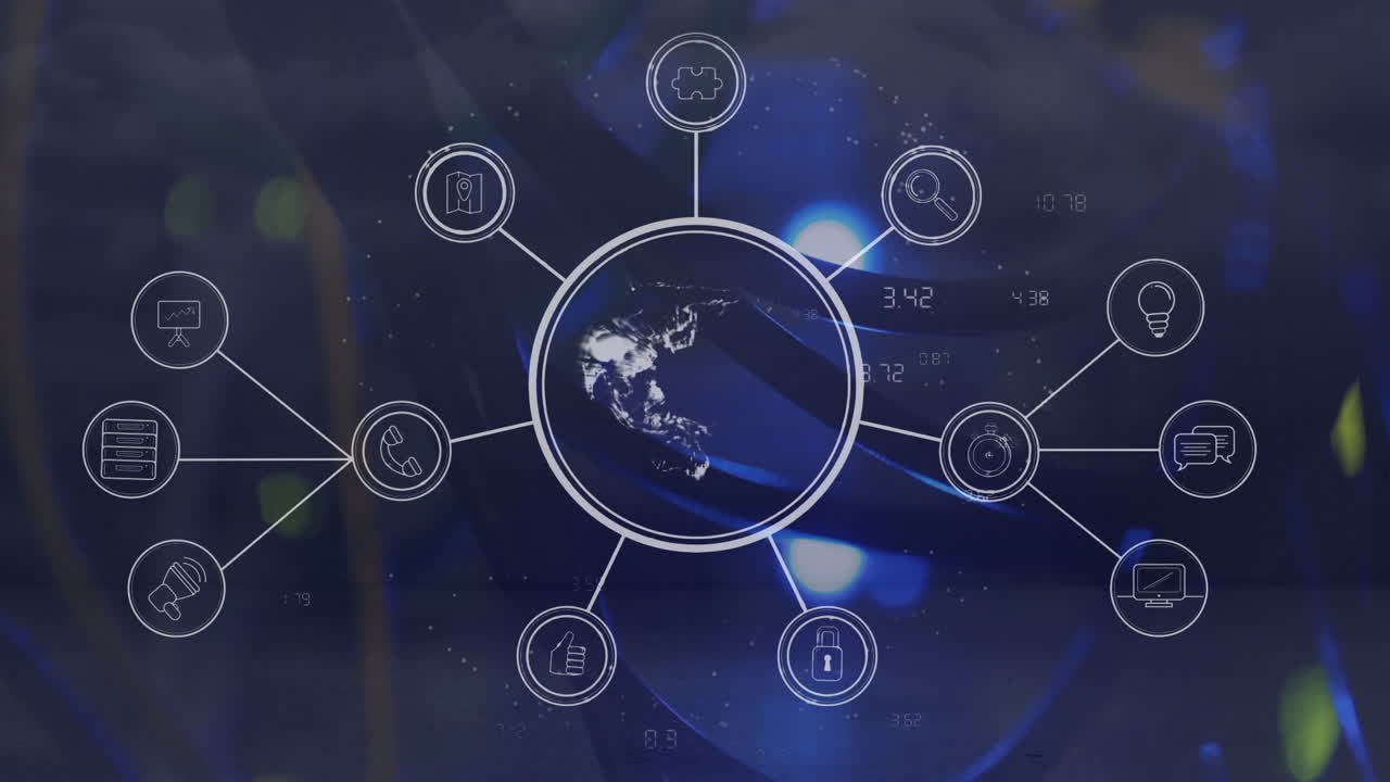 상호 연결된 아이콘 네트워크와 세계 지도에 대한 데이터 처리 애니메이션