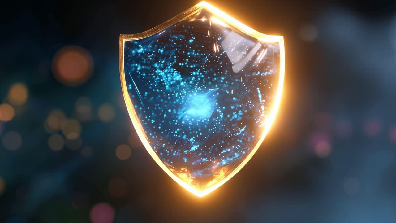 Golden shield glows, encasing swirling cosmic blue energy. Flickering particles pulse within, hinting at hidden power. Background blurs with warm lights, emphasizing the shield's focus