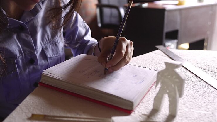giovane donna architetto disegna un piano di costruzione, nell'ufficio di progettazione