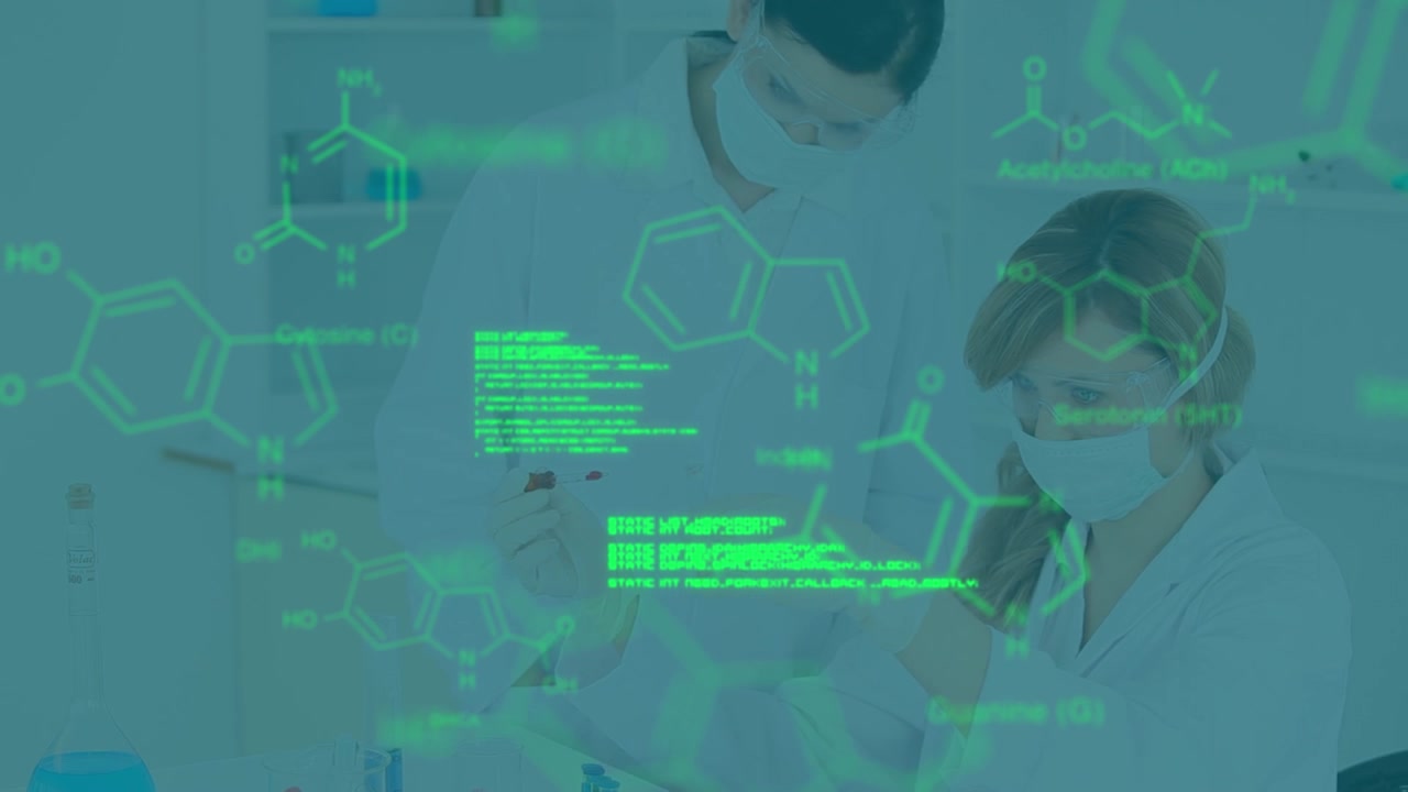 Scientists Conducting Research in Laboratory with Digital Data Overlay