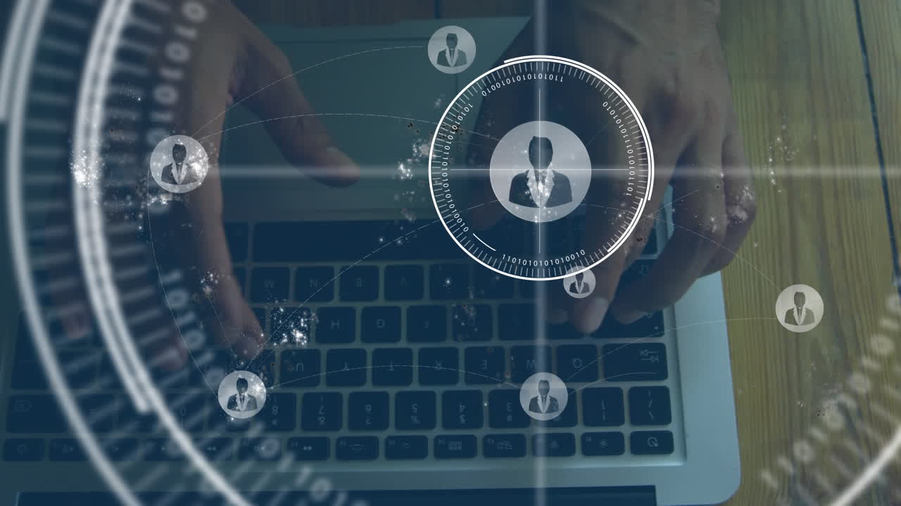 animación de múltiples iconos de perfil contra la vista aérea de una persona que utiliza una computadora portátil