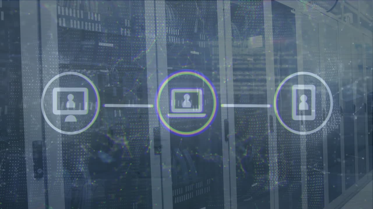 Animation of data processing and network of connections with icons over server room