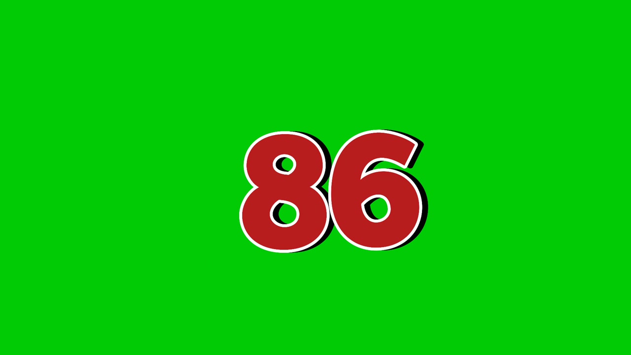 Animazione del simbolo del numero 86, grafica in movimento cartone animato su sfondo green screen. Elementi video con effetti di fumo del numero rosso.