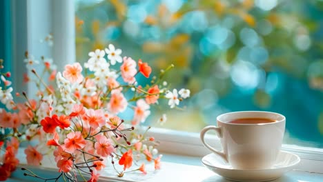 a cup of coffee sitting on a window sill next to a vase of flowers