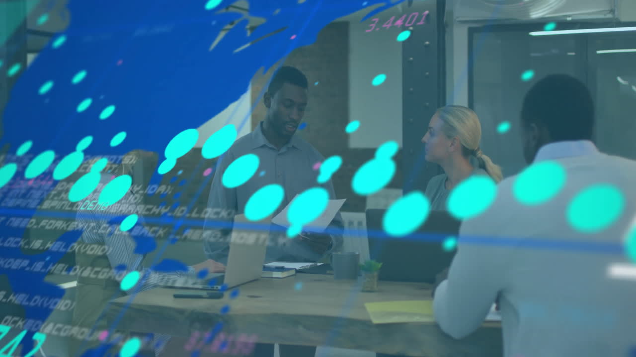 Animation of graphs, changing numbers, map over diverse coworkers sharing ideas in office