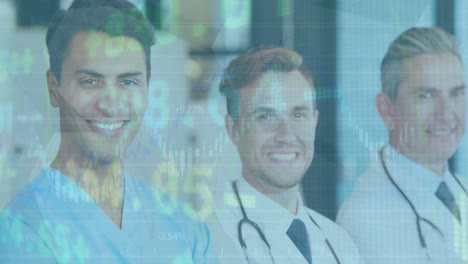 Animation-of-data-processing-over-diverse-doctors-smiling