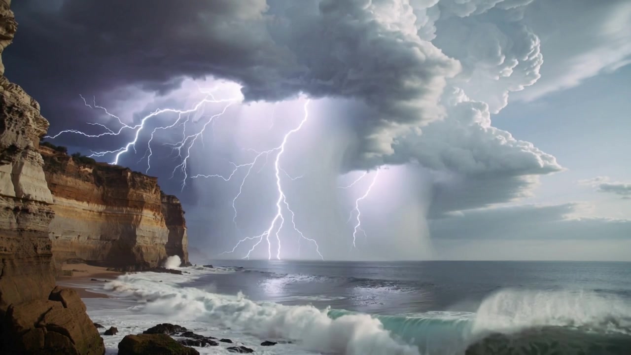 Intensiverende cumulonimbus sender lyn og skybrud over havet ved klint, brændingen bryder