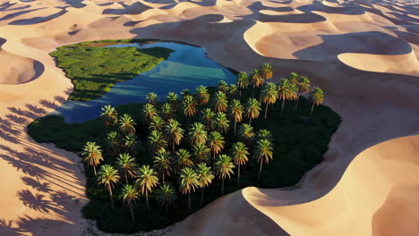 aerial view of a desert oasis with palm trees and lake