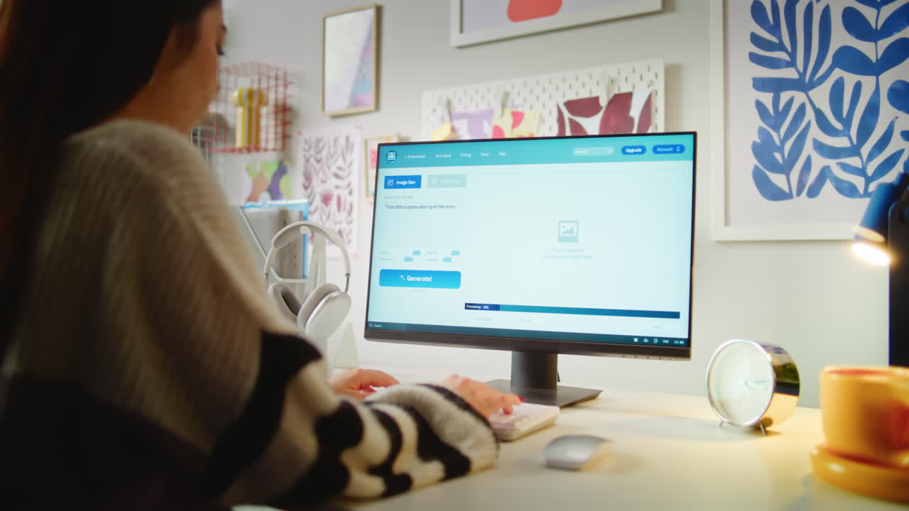 Woman working on computer, editing an image of puppies