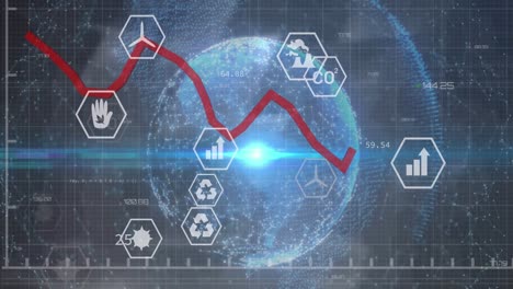 animation of multiple icons, graphs with numbers, computer language over connected dots globe