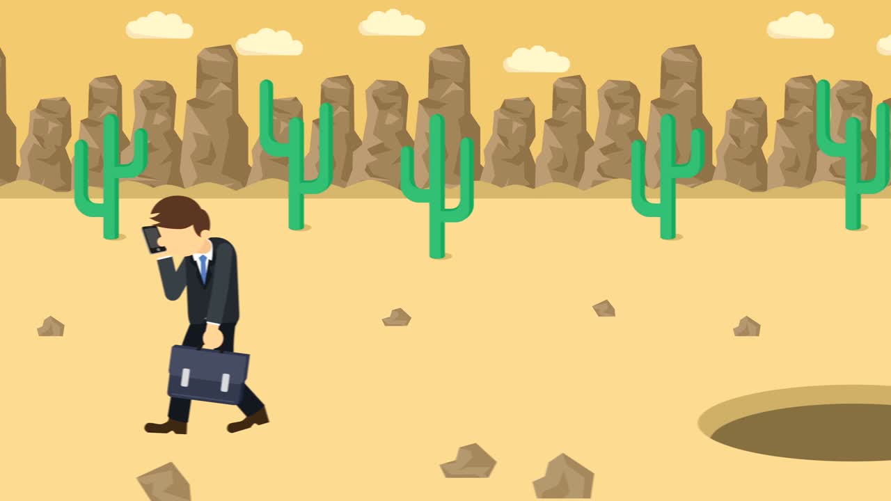사업가가 구이에 떨어지는 사막의 배경, 위험 개념, 평평한 스타일의 루프 일러스트레이션