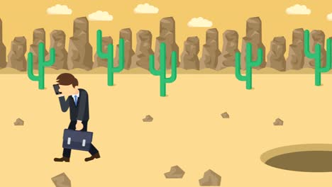 business man fall into the hole. background of desert. risk concept. loop illustration in flat style.