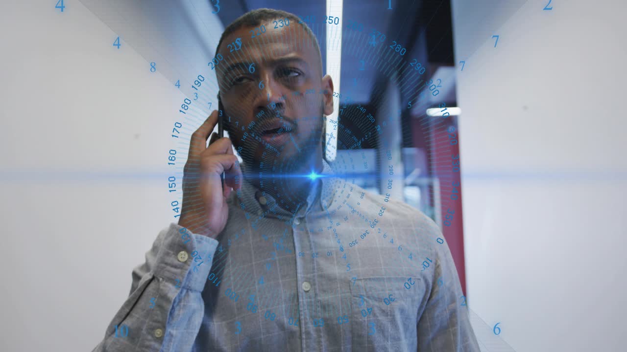 Man receiving phone call, walking hall, checking watch and coordinating business with blue overlay